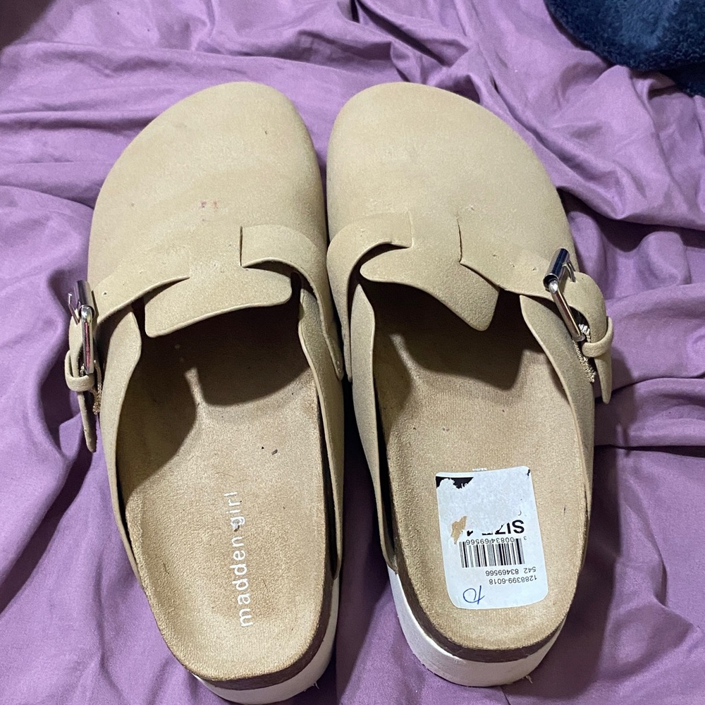 Madden Girl Beige Buckle Mules